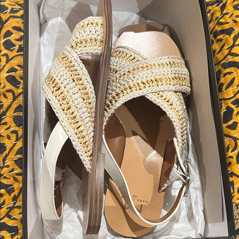 Marc Fisher Woven Crossband Slingback Sandals - White & Tan NWT